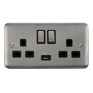 Curved Stainless Steel 13A Ingot 2 Gang Switched Sockets With 2.1A USB Outlet (Twin Earth) - Black Trim - SE Home