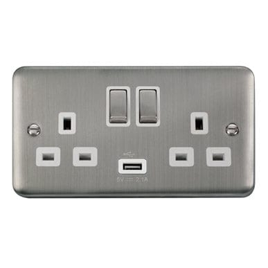 Curved Stainless Steel 13A Ingot 2 Gang Switched Sockets With 2.1A USB Outlet (Twin Earth) - White Trim