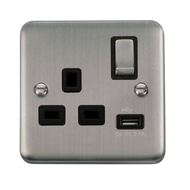 Curved Stainless Steel 13A Ingot 1 Gang Switched Socket With 2.1A USB Outlet - Black Trim