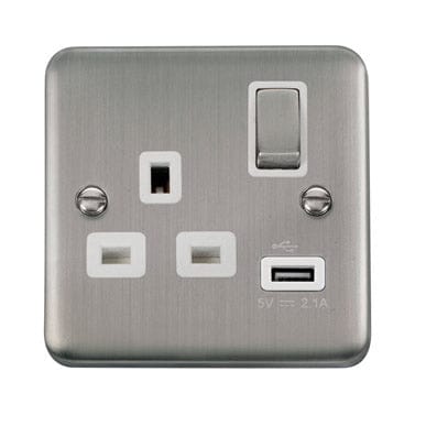 Curved Stainless Steel 13A Ingot 1 Gang Switched Socket With 2.1A USB Outlet - White Trim