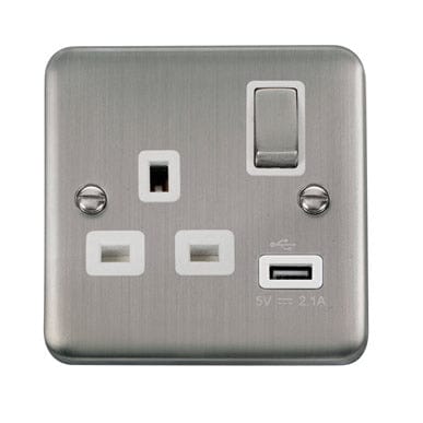 Curved Stainless Steel 13A Ingot 1 Gang Switched Socket With 2.1A USB Outlet - White Trim - SE Home