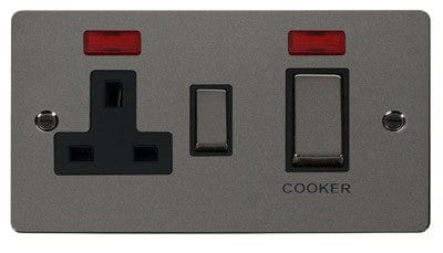 Flat Plate Black Nickel Ingot 45A DP Switch + 13A Switched Plug Socket & Neons - SE Home