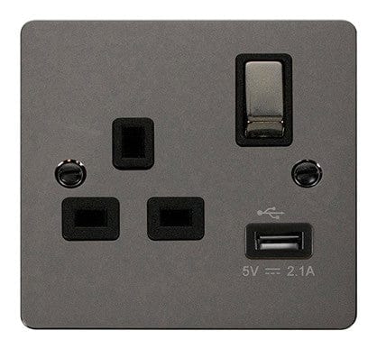 Flat Plate Black Nickel Ingot 1 USB 1 Gang 13A DP Switched Plug Socket   