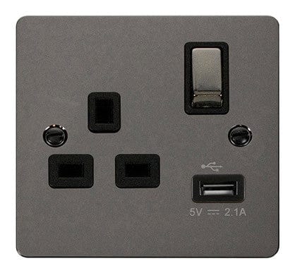 Flat Plate Black Nickel Ingot 1 USB 1 Gang 13A DP Switched Plug Socket - SE Home
