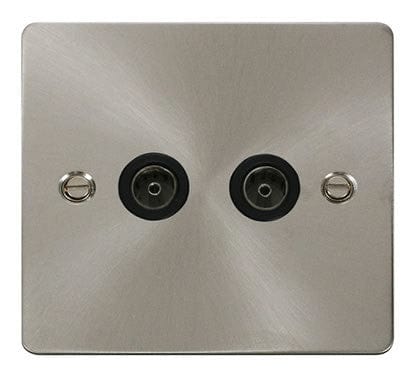 Flat Plate Satin Chrome 2 Gang Coaxial Socket  - Black Trim