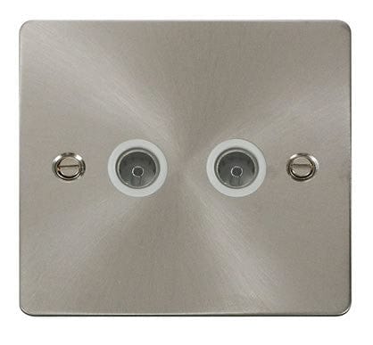 Flat Plate Satin Chrome 2 Gang Coaxial Socket  - White Trim