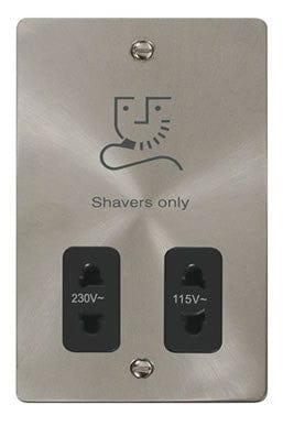 Flat Plate Satin Chrome 115/230v Shaver Socket - Black Trim - SE Home
