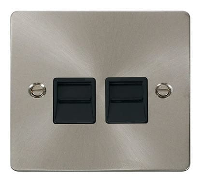 Flat Plate Satin Chrome Twin Telephone Socket Master  - Black Trim