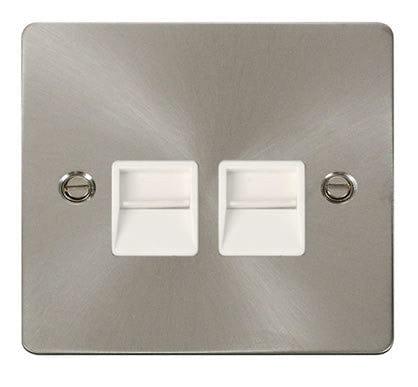 Flat Plate Satin Chrome Twin Telephone Socket Master  - White Trim