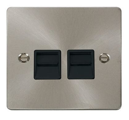 Flat Plate Satin Chrome Twin Telephone Socket Secondary - Black Trim - SE Home