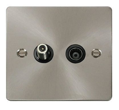 Flat Plate Satin Chrome 1 Gang Satellite & Isolated Coaxial Socket  - Black Trim