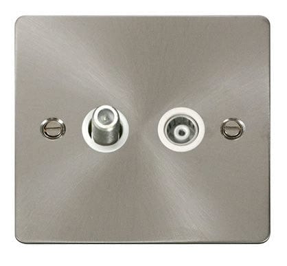 Flat Plate Satin Chrome 1 Gang Satellite & Isolated Coaxial Socket  - White Trim