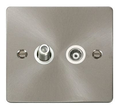 Flat Plate Satin Chrome 1 Gang Satellite & Isolated Coaxial Socket - White Trim - SE Home