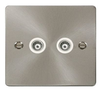 Flat Plate Satin Chrome 2 Gang Isolated Coaxial Socket  - White Trim