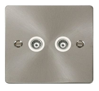 Flat Plate Satin Chrome 2 Gang Isolated Coaxial Socket - White Trim - SE Home