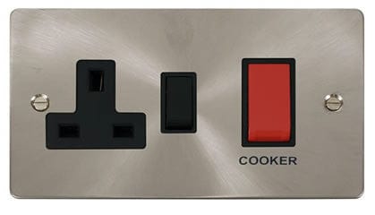 Flat Plate Satin Chrome 45A DP Switch + 13A DP Switched Plug Socket - Black Trim - SE Home
