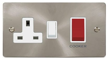 Flat Plate Satin Chrome 45A DP Switch + 13A DP Switched Plug Socket - White Trim - SE Home