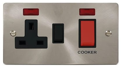 Flat Plate Satin Chrome 45A DP Switch + 13A DP Switched Plug Socket + Neons - Black Trim - SE Home