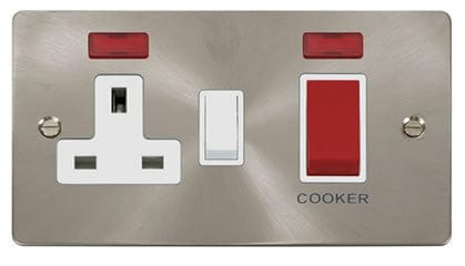 Flat Plate Satin Chrome 45A DP Switch + 13A DP Switched Plug Socket + Neons  - White Trim