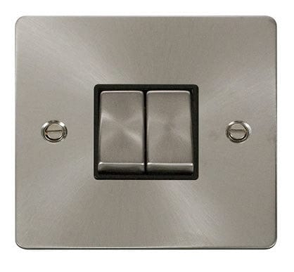 Flat Plate Satin Chrome Ingot 10AX 2 Gang 2 Way Light Switch  - Black Trim