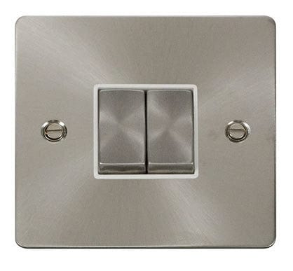 Flat Plate Satin Chrome Ingot 10AX 2 Gang 2 Way Light Switch  - White Trim