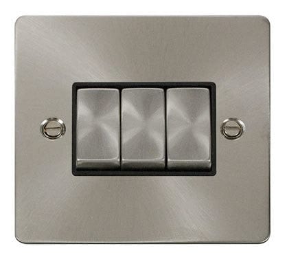 Flat Plate Satin Chrome Ingot 10AX 3 Gang 2 Way Light Switch   - Black Trim