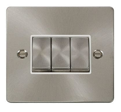 Flat Plate Satin Chrome Ingot 10AX 3 Gang 2 Way Light Switch   - White Trim