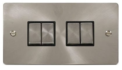 Flat Plate Satin Chrome Ingot 10AX 4 Gang 2 Way Light Switch - Black Trim - SE Home