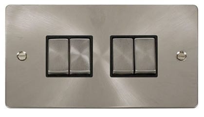 Flat Plate Satin Chrome Ingot 10AX 4 Gang 2 Way Light Switch  - Black Trim