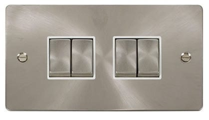 Flat Plate Satin Chrome Ingot 10AX 4 Gang 2 Way Light Switch  - White Trim