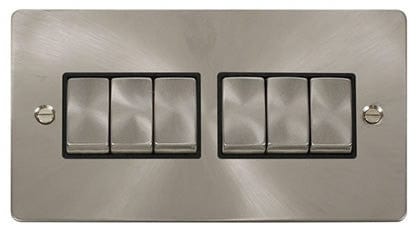 Flat Plate Satin Chrome Ingot 10AX 6 Gang 2 Way Light Switch - Black Trim - SE Home