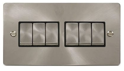 Flat Plate Satin Chrome Ingot 10AX 6 Gang 2 Way Light Switch  - Black Trim