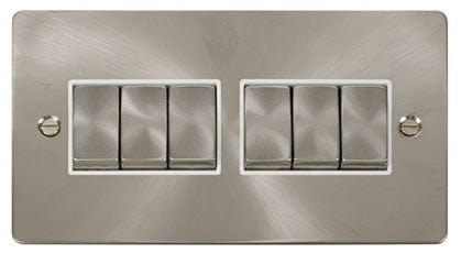 Flat Plate Satin Chrome Ingot 10AX 6 Gang 2 Way Light Switch - White Trim - SE Home