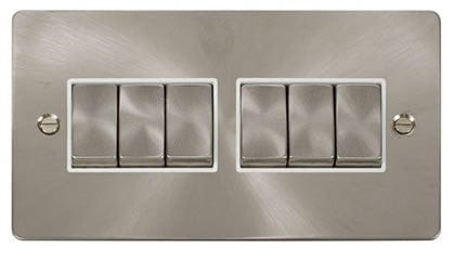 Flat Plate Satin Chrome Ingot 10AX 6 Gang 2 Way Light Switch  - White Trim