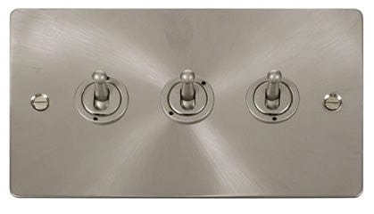 Flat Plate Satin Chrome 10AX 3 Gang 2 Way Toggle Light Switch