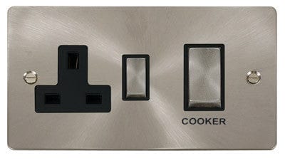 Flat Plate Satin Chrome Ingot 45A DP Switch + 13A Switched Plug Socket - Black Trim - SE Home