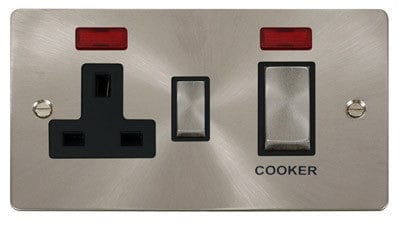 Flat Plate Satin Chrome Ingot 45A DP Switch + 13A Switched Plug Socket & Neons (2) - Black Trim - SE Home