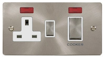 Flat Plate Satin Chrome Ingot 45A DP Switch + 13A Switched Plug Socket & Neons (2) - White Trim - SE Home