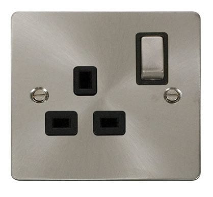 Flat Plate Satin Chrome Ingot 1 Gang 13A DP Switched Plug Socket - Black Trim - SE Home