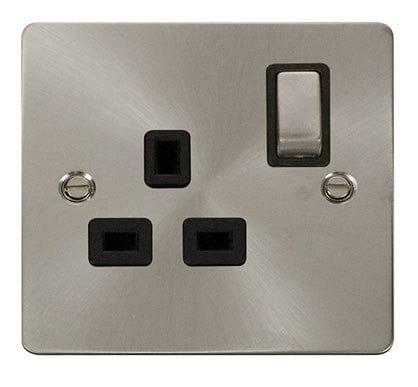 Flat Plate Satin Chrome Ingot 1 Gang 13A DP Switched Plug Socket  - Black Trim