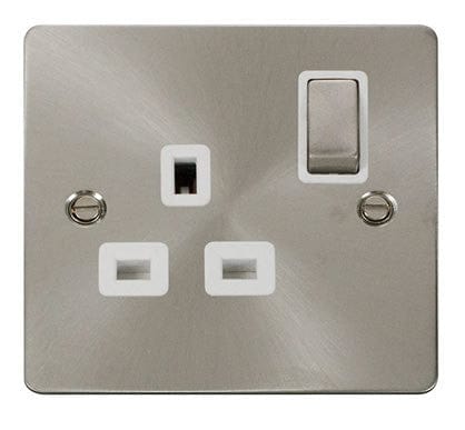 Flat Plate Satin Chrome Ingot 1 Gang 13A DP Switched Plug Socket  - White Trim