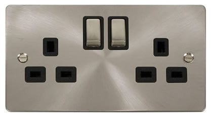 Flat Plate Satin Chrome Ingot 2 Gang Twin Double 13A DP Switched Plug Socket - Black Trim - SE Home