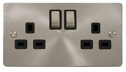 Flat Plate Satin Chrome Ingot 2 Gang Twin Double 13A DP Switched Plug Socket  - Black Trim