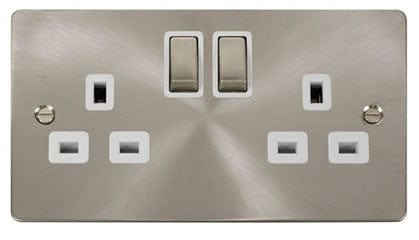 Flat Plate Satin Chrome Ingot 2 Gang Twin Double 13A DP Switched Plug Socket - White Trim - SE Home