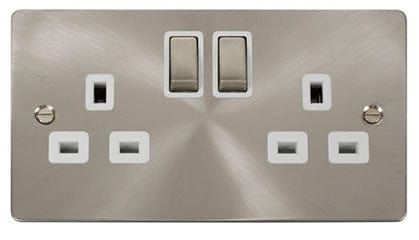 Flat Plate Satin Chrome Ingot 2 Gang Twin Double 13A DP Switched Plug Socket  - White Trim