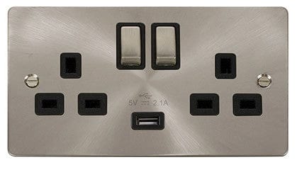 Flat Plate Satin Chrome Ingot 2 Gang 1 USB Twin Double 13A DP Switched Plug Socket  - Black Trim