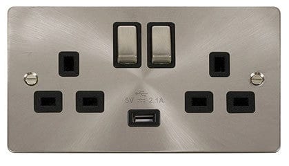 Flat Plate Satin Chrome Ingot 2 Gang 1 USB Twin Double 13A DP Switched Plug Socket - Black Trim - SE Home