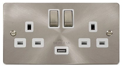 Flat Plate Satin Chrome Ingot 2 Gang 1 USB Twin Double 13A DP Switched Plug Socket  - White Trim
