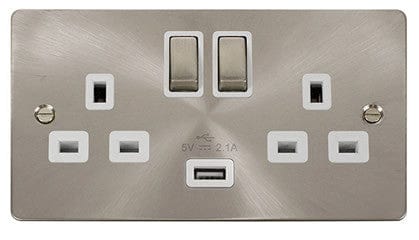 Flat Plate Satin Chrome Ingot 2 Gang 1 USB Twin Double 13A DP Switched Plug Socket - White Trim - SE Home
