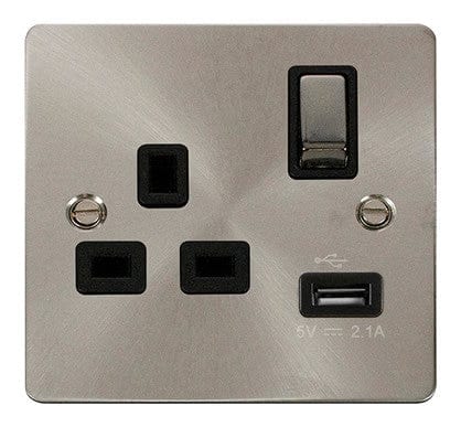 Flat Plate Satin Chrome Ingot 1 USB 1 Gang 13A DP Switched Plug Socket - Black Trim - SE Home